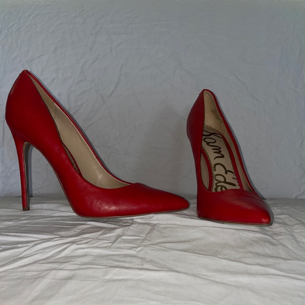 Red leather 4.5” Sam Edelman heels practically new